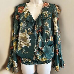 Cato Emerald Green Shimmering Gold Floral Smocked Waist Ruffle Long Sleeve Top